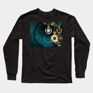 Clock with Gears on Green Background ( Steampunk ) Long Sleeve T-Shirt